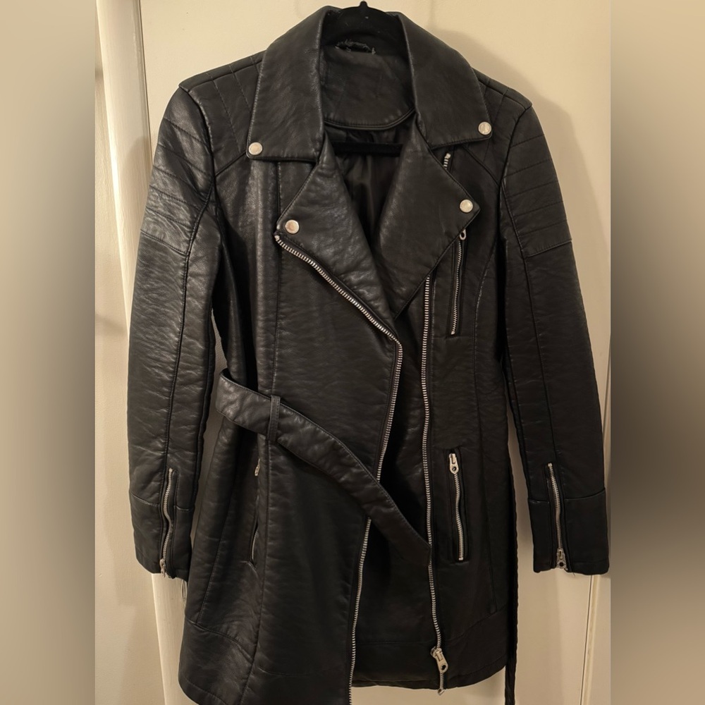 Members only vegan faux leather jacket mid thigh trench coat style